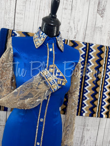 Royal Blue & Tan Day Shirt Set With Beaded Lace Sleeves (S)