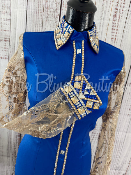 Royal Blue & Tan Day Shirt Set With Beaded Lace Sleeves (S)