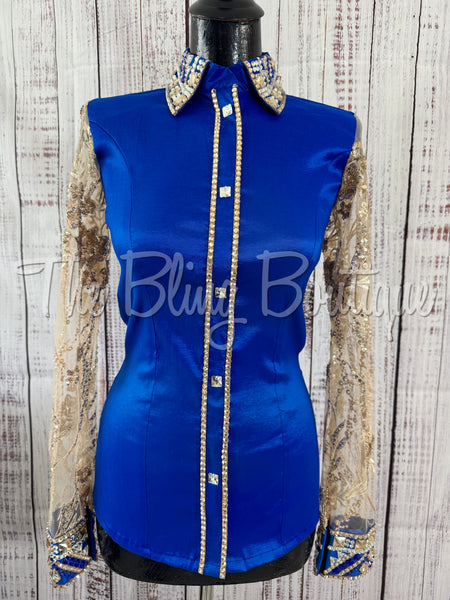 Royal Blue & Tan Day Shirt Set With Beaded Lace Sleeves (S)