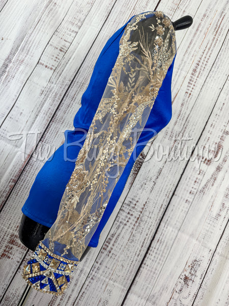 Royal Blue & Tan Day Shirt Set With Beaded Lace Sleeves (S)