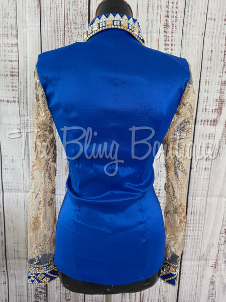 Royal Blue & Tan Day Shirt Set With Beaded Lace Sleeves (S)