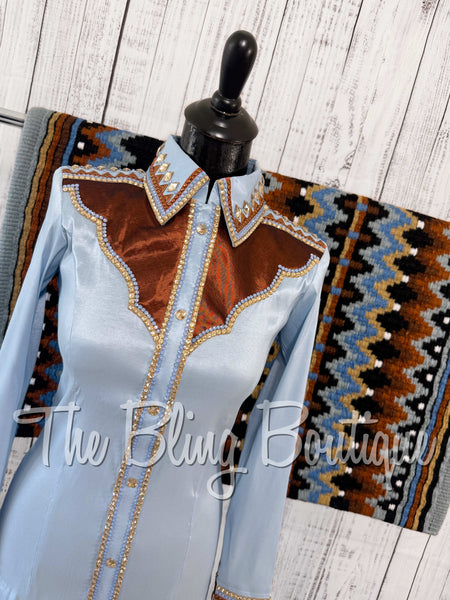 RE-ORDER Ice Blue, Rust & Tan Day Shirt Set (Choose Your Size)