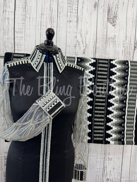 Black, Grey & White Day Shirt Set With Beaded Lace Sleeves (M)
