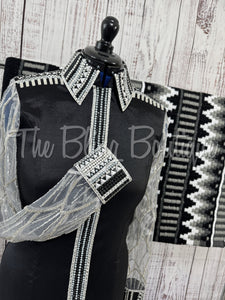 Black, Grey & White Day Shirt Set With Beaded Lace Sleeves (M)