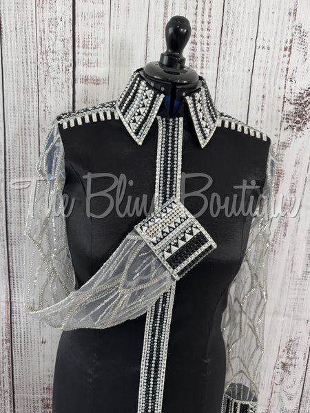 Black, Grey & White Day Shirt Set With Beaded Lace Sleeves (M)