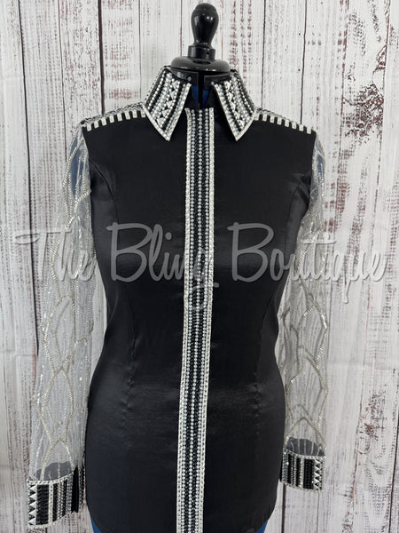 Black, Grey & White Day Shirt Set With Beaded Lace Sleeves (M)