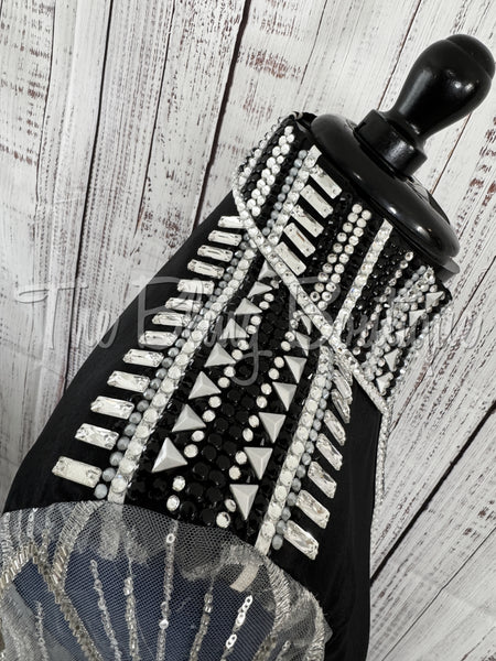 Black, Grey & White Day Shirt Set With Beaded Lace Sleeves (M)