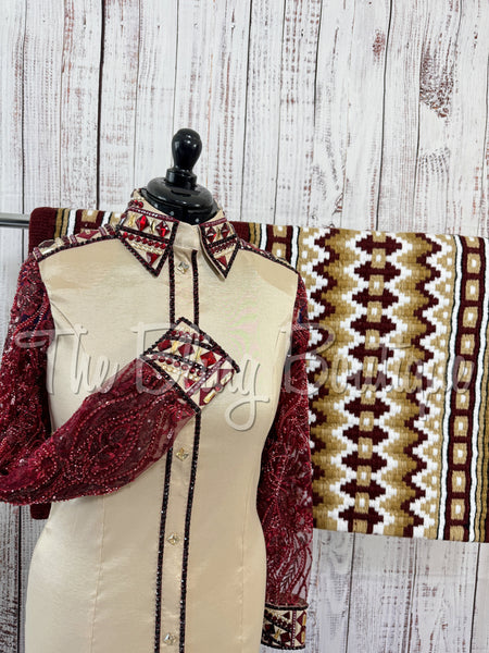 Tan & Burgundy Day Shirt Set With Beaded Lace Sleeves (M)