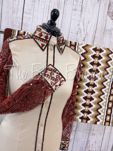 Tan & Burgundy Day Shirt Set With Beaded Lace Sleeves (M)