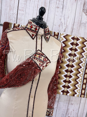 Tan & Burgundy Day Shirt Set With Beaded Lace Sleeves (M)