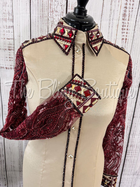 Tan & Burgundy Day Shirt Set With Beaded Lace Sleeves (M)