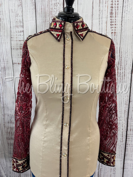 Tan & Burgundy Day Shirt Set With Beaded Lace Sleeves (M)