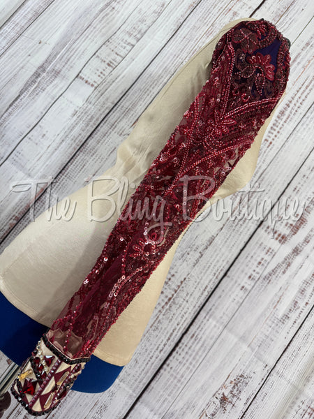 Tan & Burgundy Day Shirt Set With Beaded Lace Sleeves (M)