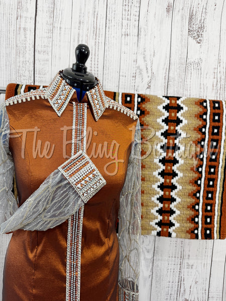 Rust Day Shirt Set With Beaded Lace Sleeves (L)