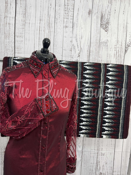 Burgundy Day Shirt Set With Beaded Lace Sleeves (L)