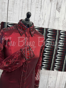 Burgundy Day Shirt Set With Beaded Lace Sleeves (L)