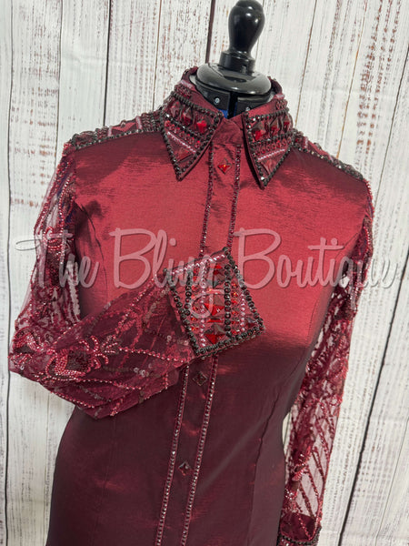 Burgundy Day Shirt Set With Beaded Lace Sleeves (L)
