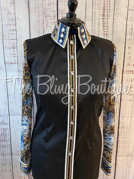 Black, Gold & Blue Day Shirt Set With Sheer Sleeves (XL)