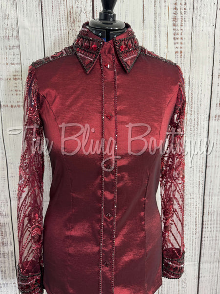 Burgundy Day Shirt Set With Beaded Lace Sleeves (L)
