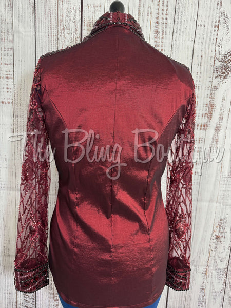 Burgundy Day Shirt Set With Beaded Lace Sleeves (L)