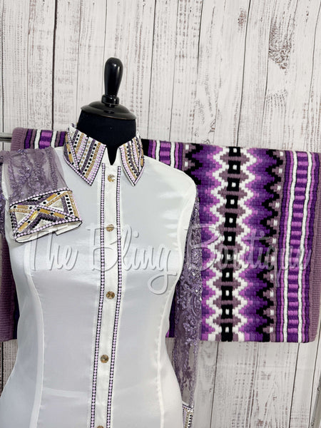 White, Lavender & Purple Day Shirt Set With Beaded Lace Sleeves (XL)