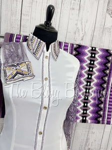 White, Lavender & Purple Day Shirt Set With Beaded Lace Sleeves (XL)