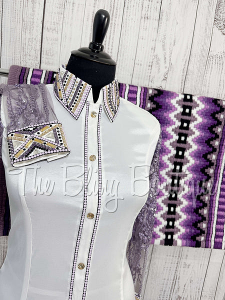 White, Lavender & Purple Day Shirt Set With Beaded Lace Sleeves (XL)