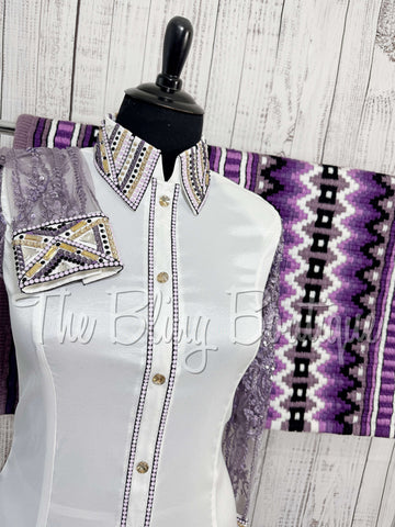White, Lavender & Purple Day Shirt Set With Beaded Lace Sleeves (XL)