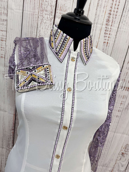 White, Lavender & Purple Day Shirt Set With Beaded Lace Sleeves (XL)