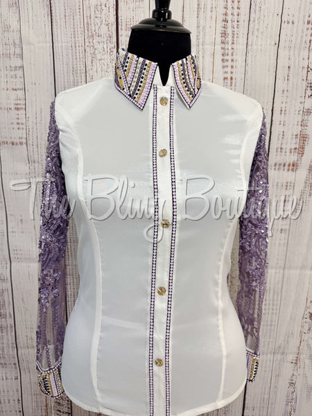 White, Lavender & Purple Day Shirt Set With Beaded Lace Sleeves (XL)