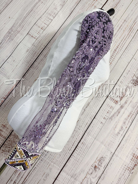 White, Lavender & Purple Day Shirt Set With Beaded Lace Sleeves (XL)