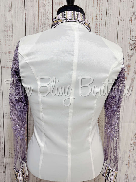 White, Lavender & Purple Day Shirt Set With Beaded Lace Sleeves (XL)