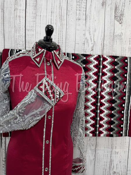 Dark Red & Grey Day Shirt Set With Beaded Lace Sleeves (L)