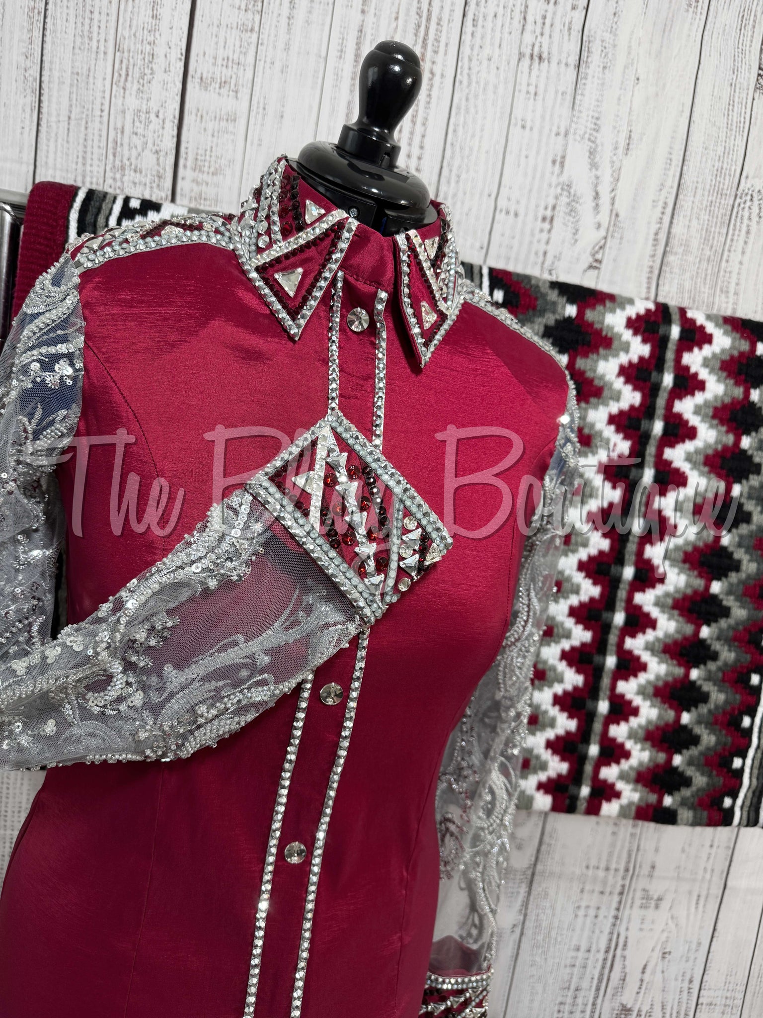 Dark Red & Grey Day Shirt Set With Beaded Lace Sleeves (L)