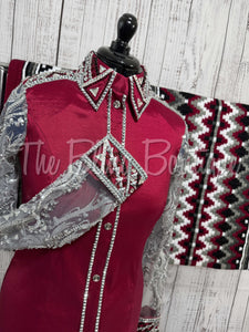 Dark Red & Grey Day Shirt Set With Beaded Lace Sleeves (L)