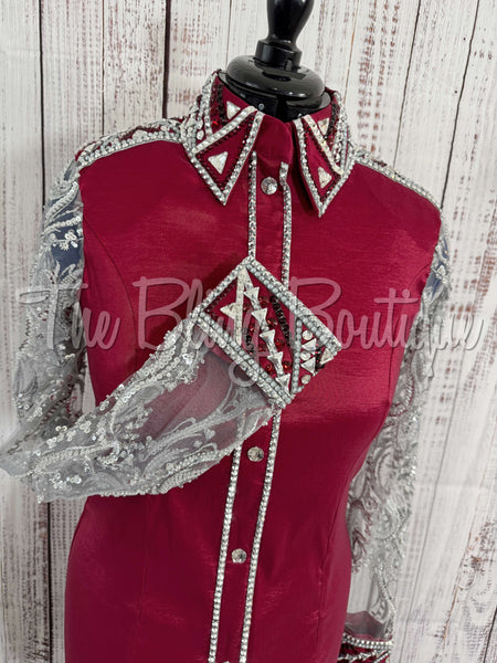 Dark Red & Grey Day Shirt Set With Beaded Lace Sleeves (L)