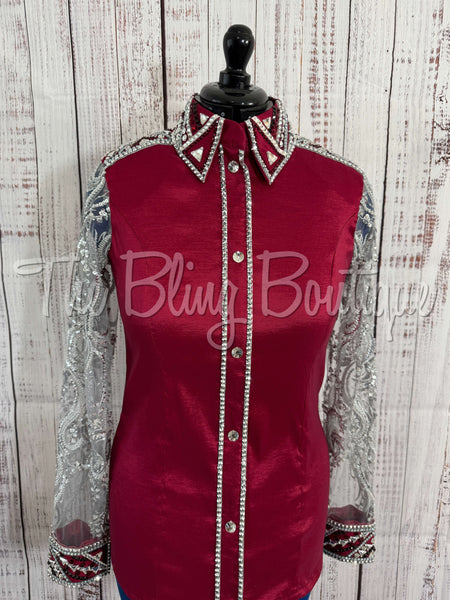 Dark Red & Grey Day Shirt Set With Beaded Lace Sleeves (L)