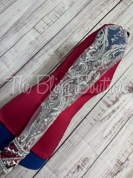 Dark Red & Grey Day Shirt Set With Beaded Lace Sleeves (L)