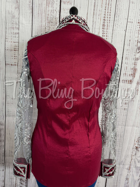 Dark Red & Grey Day Shirt Set With Beaded Lace Sleeves (L)
