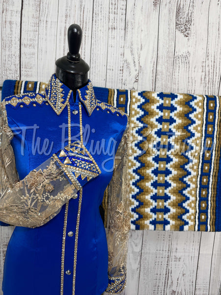 Royal Blue & Tan Day Shirt Set With Lace Sleeves (S)
