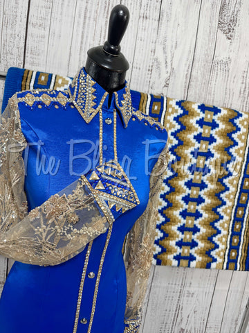 Royal Blue & Tan Day Shirt Set With Lace Sleeves (S)