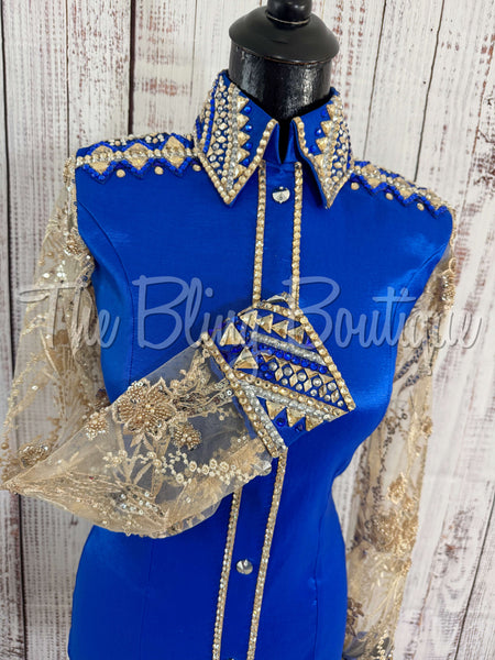Royal Blue & Tan Day Shirt Set With Lace Sleeves (S)