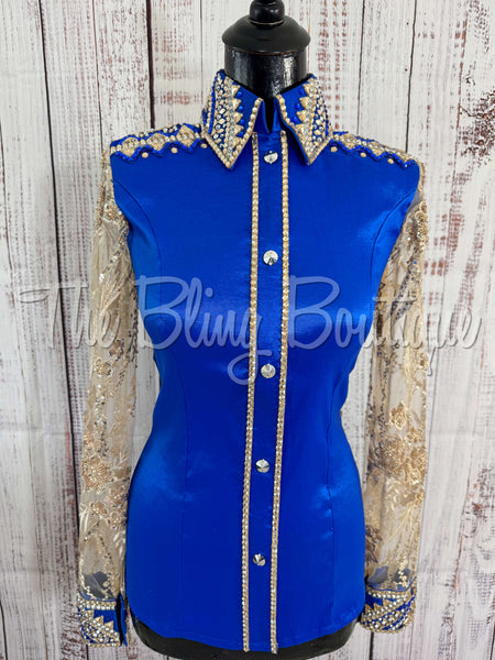 Royal Blue & Tan Day Shirt Set With Lace Sleeves (S)