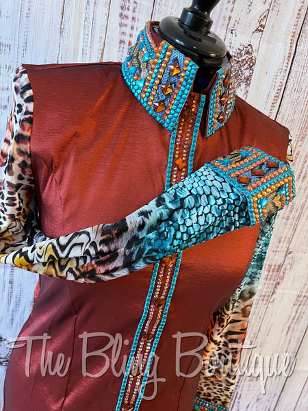 Copper & Turquoise Day Shirt Set With Sheer Sleeves (XL)