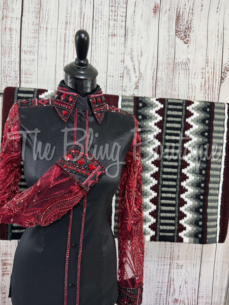 Black & Burgundy Day Shirt Set With Beaded Lace Sleeves (S)