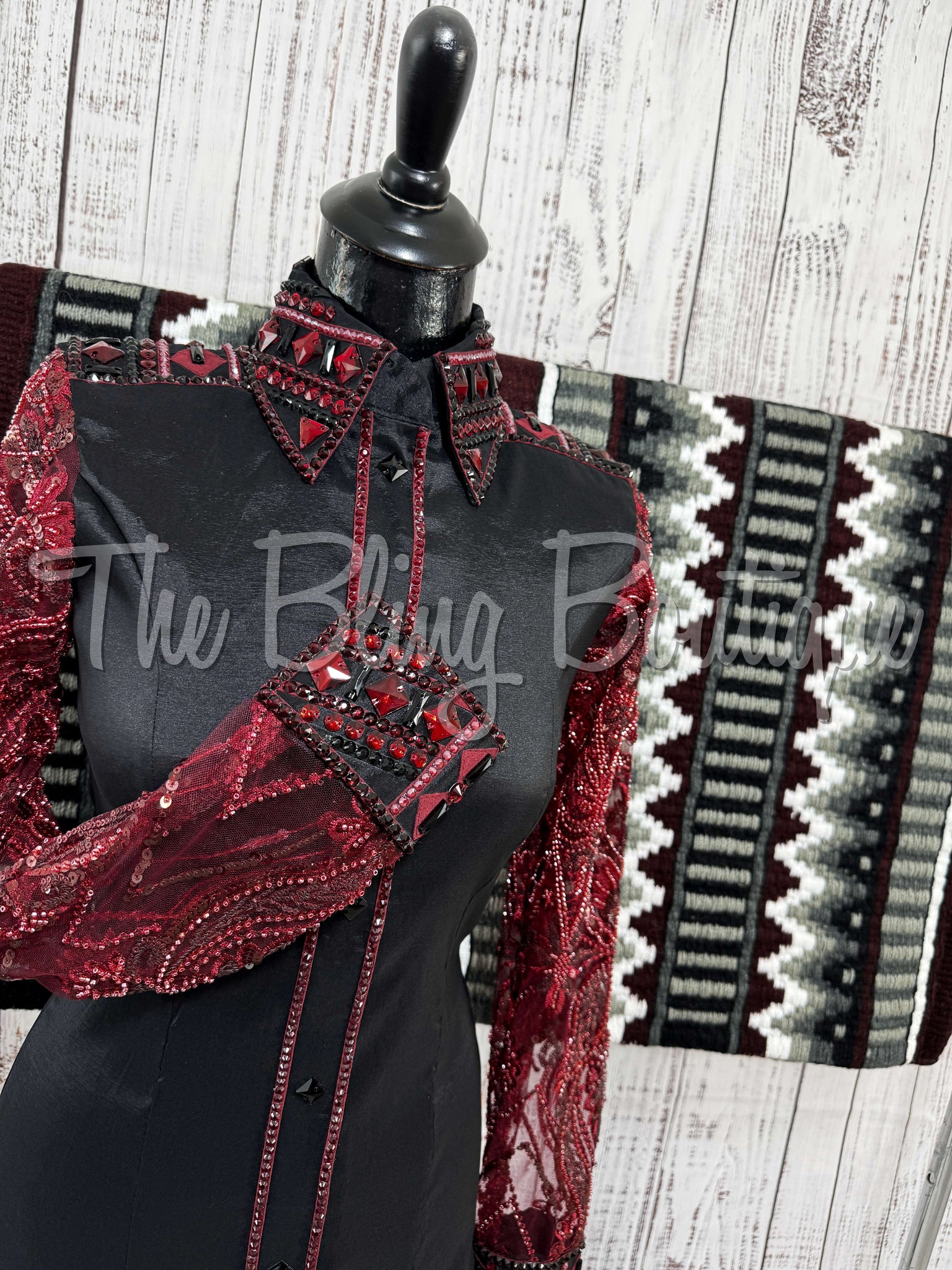 Black & Burgundy Day Shirt Set With Beaded Lace Sleeves (S)