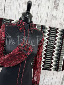 Black & Burgundy Day Shirt Set With Beaded Lace Sleeves (S)