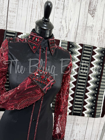Black & Burgundy Day Shirt Set With Beaded Lace Sleeves (S)