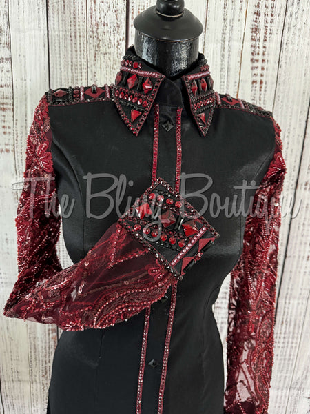 Black & Burgundy Day Shirt Set With Beaded Lace Sleeves (S)