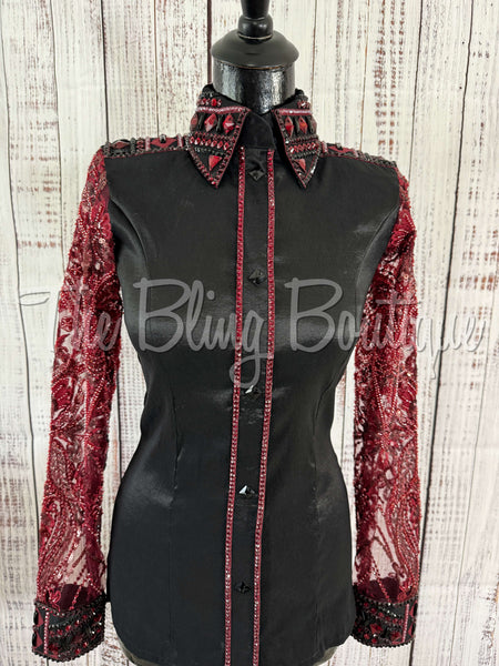 Black & Burgundy Day Shirt Set With Beaded Lace Sleeves (S)